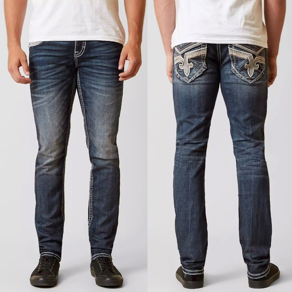 Men's Rock Revival Blue Jeans with Embroidered Pockets - Picture 1 of 15